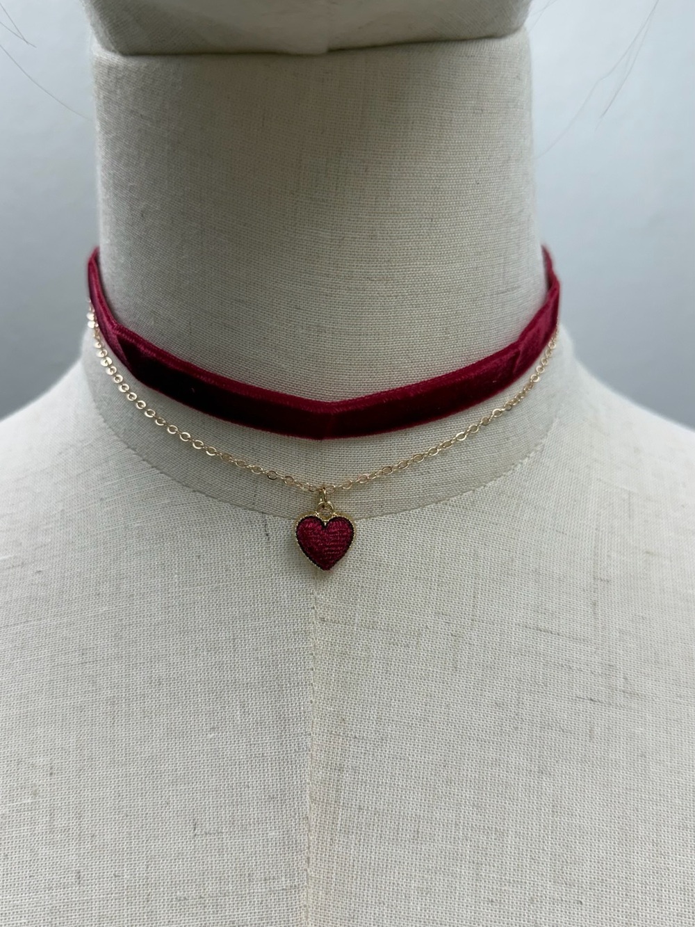 Burgundy Velvet Choker Necklace Gold Chain Red Heart Charm Layered Coquette